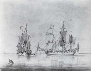 Francis Swaine A drawing of a small British Sixth-rate warship in two positions Spain oil painting artist